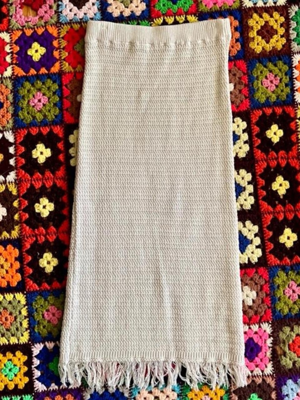 Cream Boho Knit Fringe Maxi Skirt